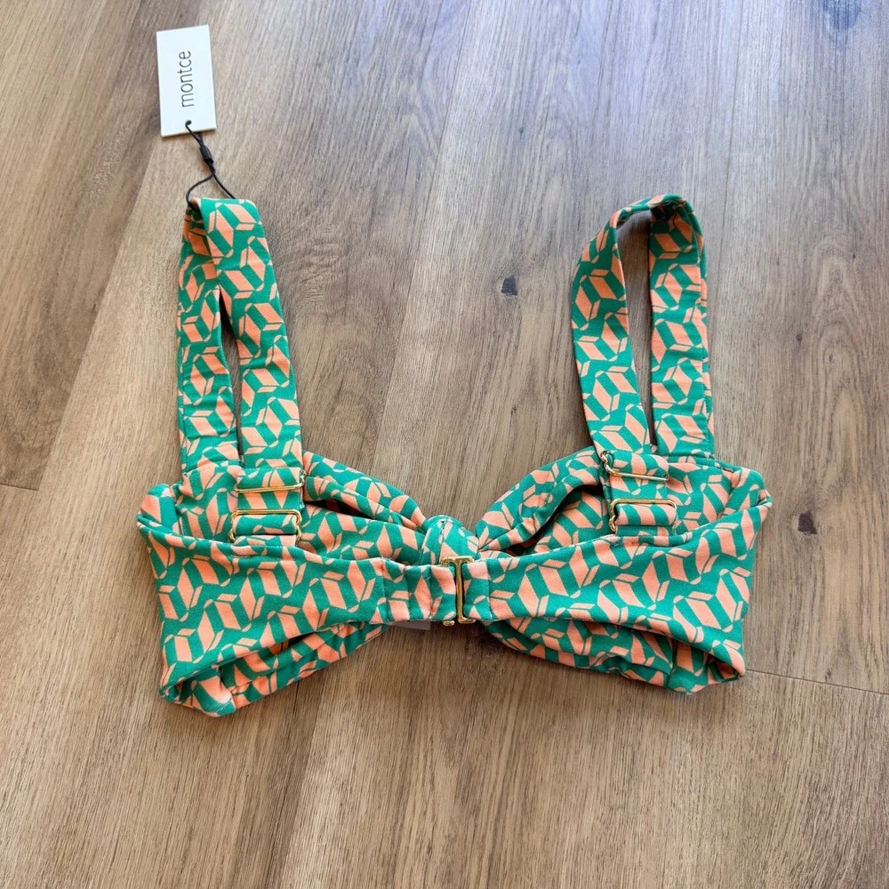 NWT Montce Geo Hayden Bikini Top Green Orange Geometric Knot Front Swim Size S